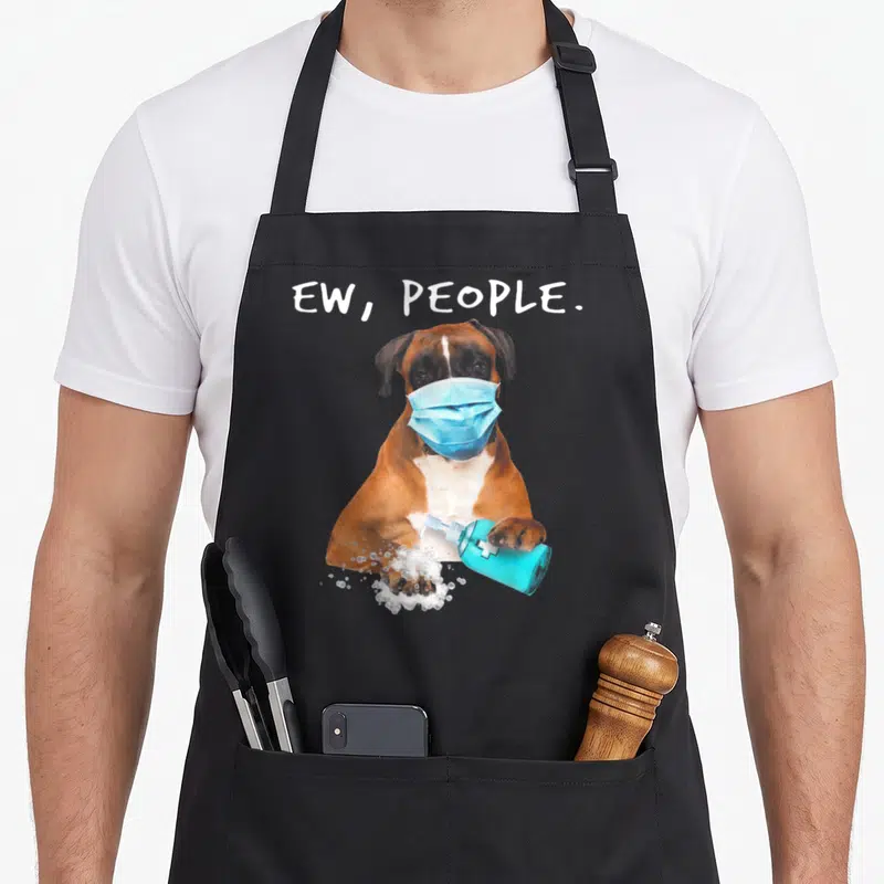 Mask boxer dog apron - Brown boxer dog in blue mask holding blue sanitizer bottle with white text EW PEOPLE above — shown on a black cotton canvas apron against a white background