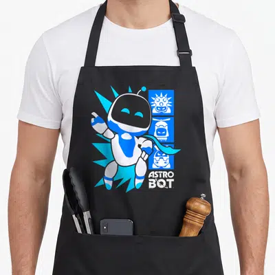 Astro video game apron - Blue and white Astro Bot with three stacked enemy icons and logo text — shown on a black cotton canvas apron against a white background