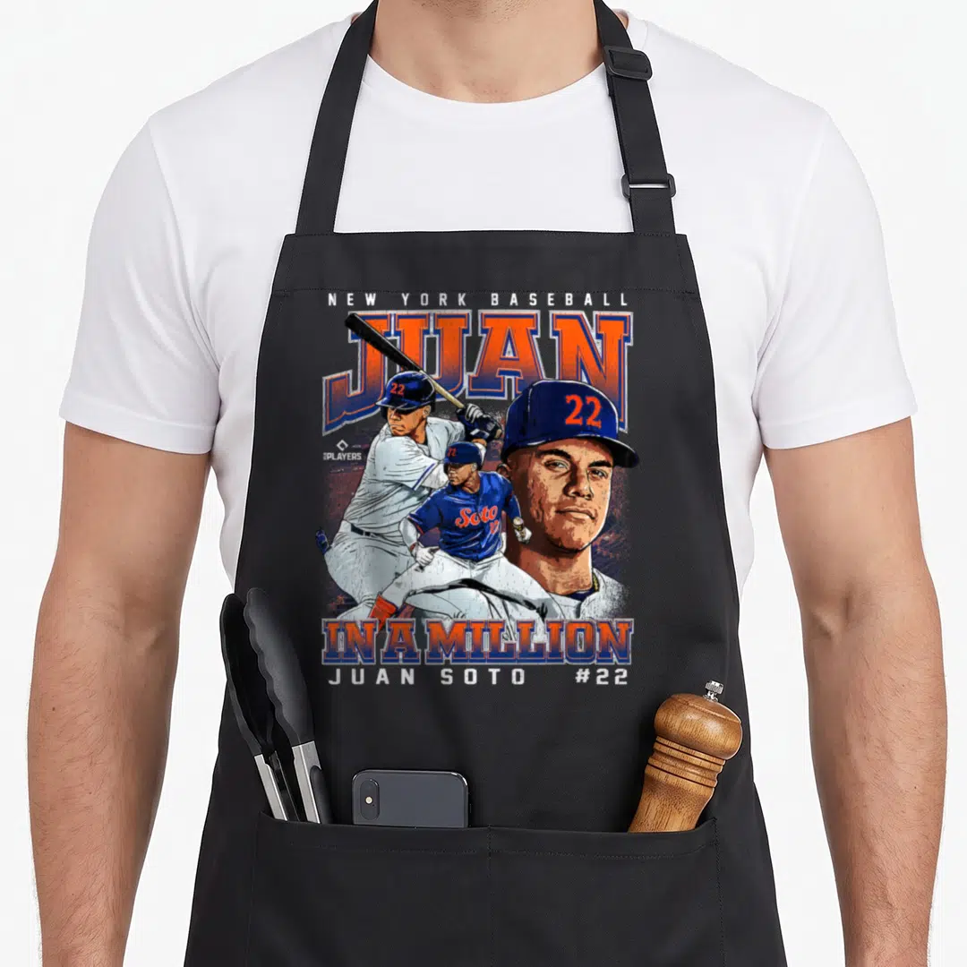 Million new york apron - Juan Soto baseball art with New York Baseball text and three player depictions — shown on a black cotton canvas apron against a white background