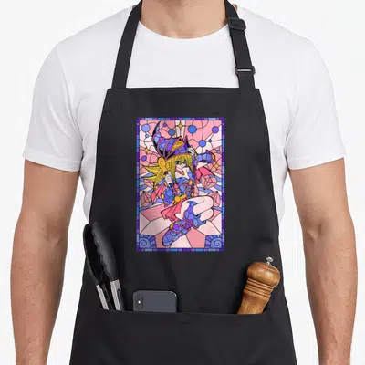 Dark stained apron - Cartoon girl in stained glass frame with pink blue purple yellow shards — shown on a black cotton canvas apron against a white background