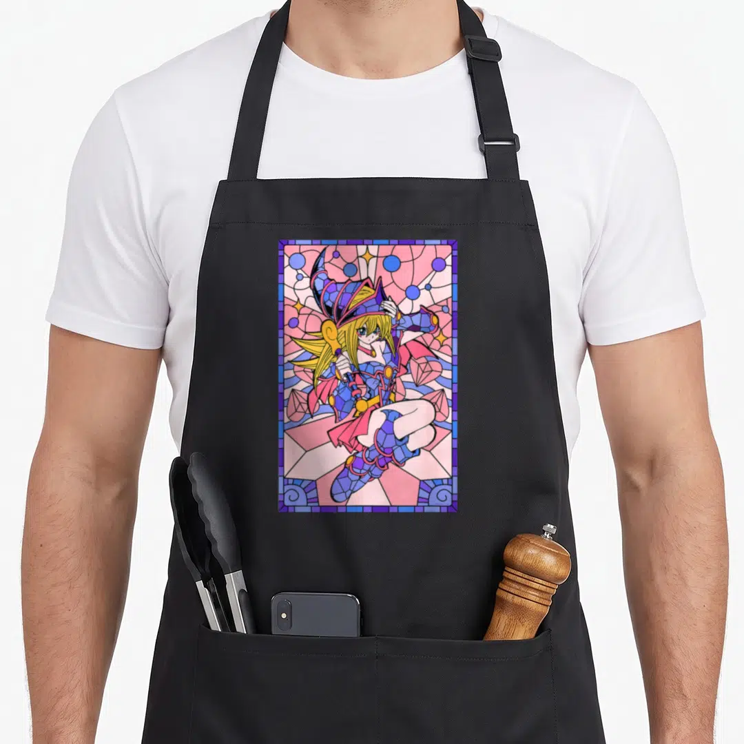 Dark stained apron - Cartoon girl in stained glass frame with pink blue purple yellow shards — shown on a black cotton canvas apron against a white background