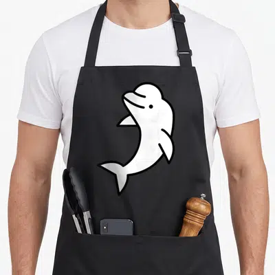 Beluga whale apron - White cartoon dolphin with black outline centered on black background — shown on a black cotton canvas apron against a white background