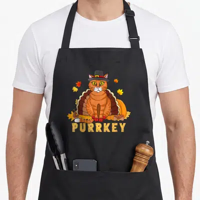 Purrkey cat apron - Orange tabby cat in turkey feathers and pilgrim hat with PURRKEY text and autumn leaves — shown on a black cotton canvas apron against a white background