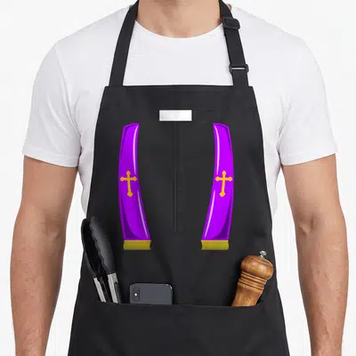 Priest halloween apron - Grey clerical shirt with purple stoles and yellow cross details — shown on a black cotton canvas apron against a white background