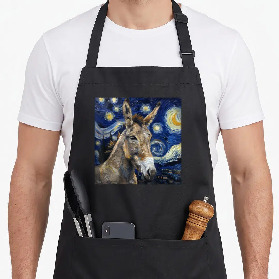 Donkey van gogh apron - Realistic donkey head painting against swirling blue yellow and brown starry night sky — shown on a black cotton canvas apron against a white background