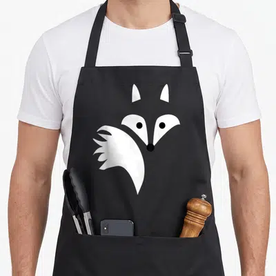Vintage fox print apron - Stylized white fox head and chest with black dot eyes and nose on black fabric — shown on a black cotton canvas apron against a white background