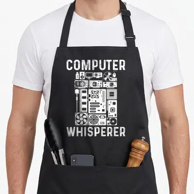 Computer geek nerd apron - White COMPUTER WHISPERER text flanking a block of computer hardware icons like CPUs and fans — shown on a black cotton canvas apron against a white background