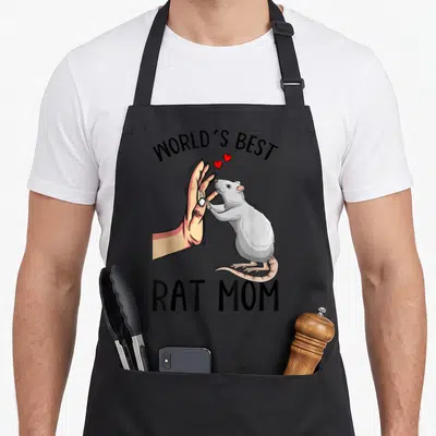 Vintage rat lover apron - Grey rat high-fiving human hand with two red hearts and arched text — shown on a black cotton canvas apron against a white background