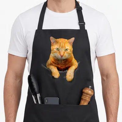 Cat creative apron - Orange tabby cat photo print peeking from hole with paws forward — shown on a black cotton canvas apron against a white background