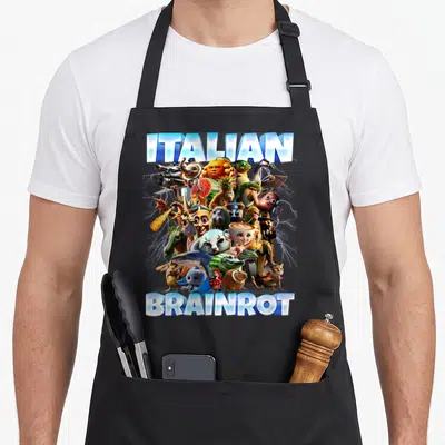 Character italian apron - Surreal creature collage with lightning bolts and text ITALIAN BRAINROT in blue and white — shown on a black cotton canvas apron against a white background