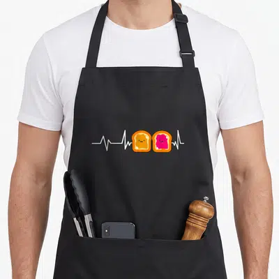 Heartbeat butter apron - Two cartoon toast slices with peanut butter and jam connected by white heartbeat line — shown on a black cotton canvas apron against a white background