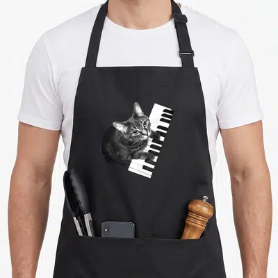 Funny cat piano apron - Grey tabby cat photo print with paws on a tilted piano keyboard — shown on a black cotton canvas apron against a white background