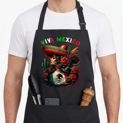 Flag pride mexico apron - Viva Mexico text above woman sombrero Mexican flag red roses cactus realistic art — shown on a black cotton canvas apron against a white background