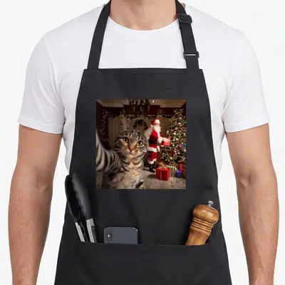 Christmas funny cat apron - Tabby cat selfie pose with Santa Claus and Christmas tree in red and gold — shown on a black cotton canvas apron against a white background