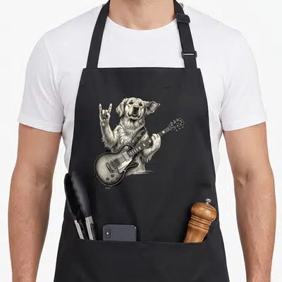Playing golden retriever apron - Realistic dog holding electric guitar and making rock hand gesture in beige and black — shown on a black cotton canvas apron against a white background