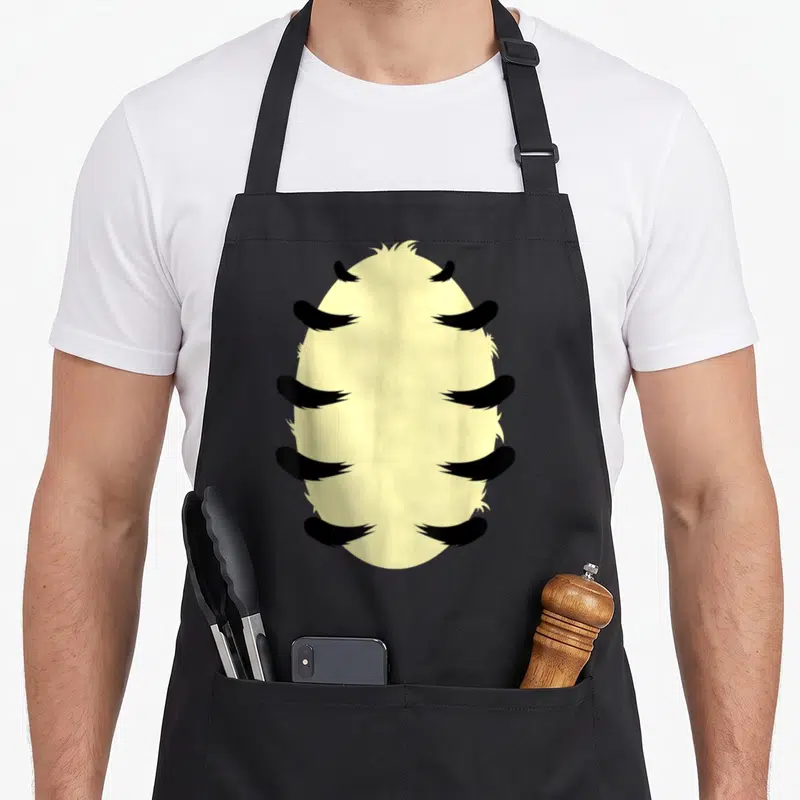Belly halloween apron - Pale yellow furry oval with five black claws on each side — shown on a black cotton canvas apron against a white background