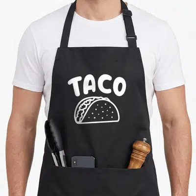 Taquito mexican apron - White TACO text arched over a cartoon taco outline on black fabric — shown on a black cotton canvas apron against a white background
