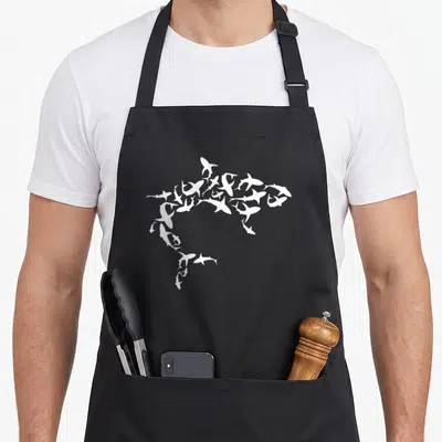 Shark science apron - White shark silhouette formed by many small shark shapes on grey background — shown on a black cotton canvas apron against a white background
