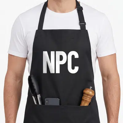 Npc character aprons - White NPC typography printed on grey fabric background — shown on a black cotton canvas apron against a white background
