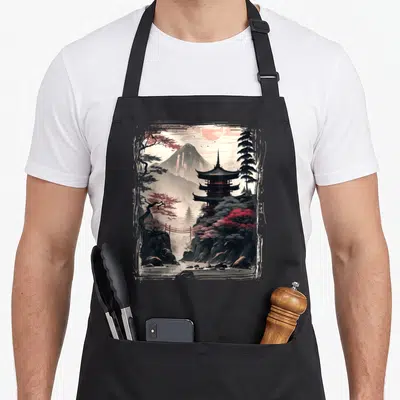 Japanese mountain apron - Pagoda on cliff with red bridge, mountain, and trees in grey, red, black, and tan — shown on a black cotton canvas apron against a white background