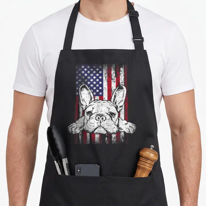 Bulldog american flag apron - White french bulldog head and paws over distressed red white blue flag pattern — shown on a black cotton canvas apron against a white background