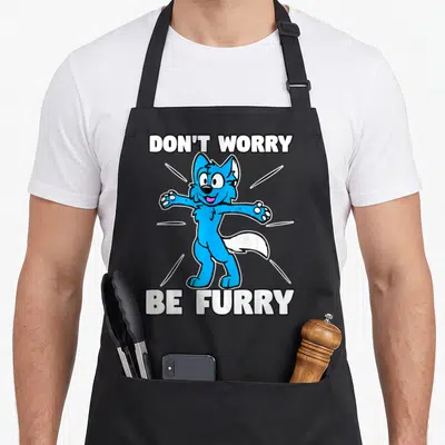 Furry fox aprons - Blue cartoon wolf character between white text DON'T WORRY BE FURRY with radiating lines — shown on a black cotton canvas apron against a white background