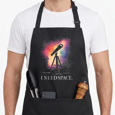 Astronomy astronomer apron - Grey telescope on tripod against purple pink orange blue white watercolor nebula — shown on a black cotton canvas apron against a white background