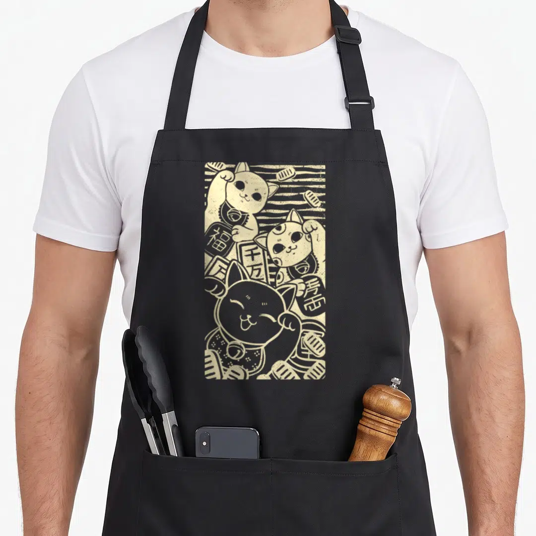 Maneki cat apron - Three beige line-art lucky cats stacked vertically with coins and Kanji plaques Fuku Senman Ju — shown on a black cotton canvas apron against a white background