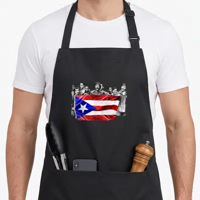 Young puerto girl apron - Grayscale group holding colorful red white blue Puerto Rican flag — shown on a black cotton canvas apron against a white background