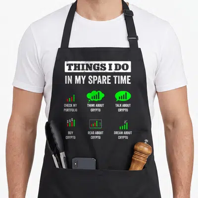 Trading things spare apron - Distressed text reading THINGS I DO IN MY SPARE TIME above six green and red crypto chart — shown on a black cotton canvas apron against a white background