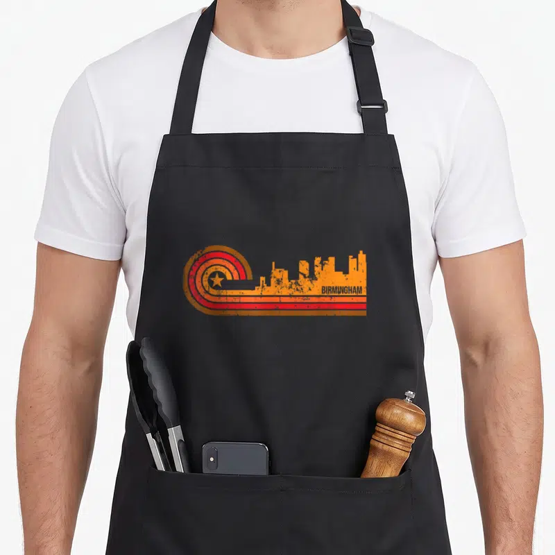 Skyline birmingham apron - Retro orange skyline with red star circles and BIRMINGHAM text — shown on a black cotton canvas apron against a white background