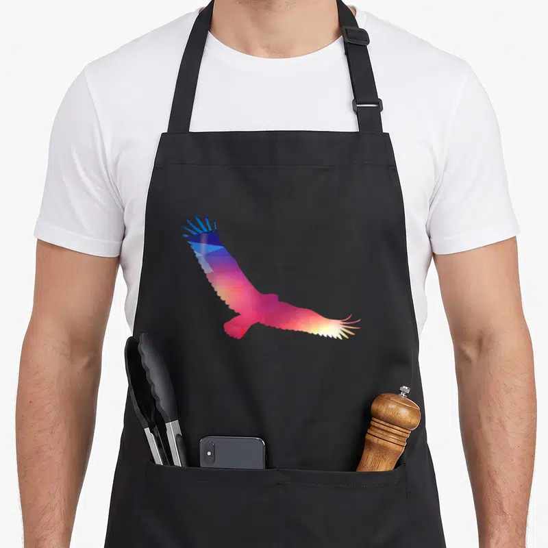 Eagle flying apron - Geometric eagle silhouette in blue purple pink red and yellow colors — shown on a black cotton canvas apron against a white background