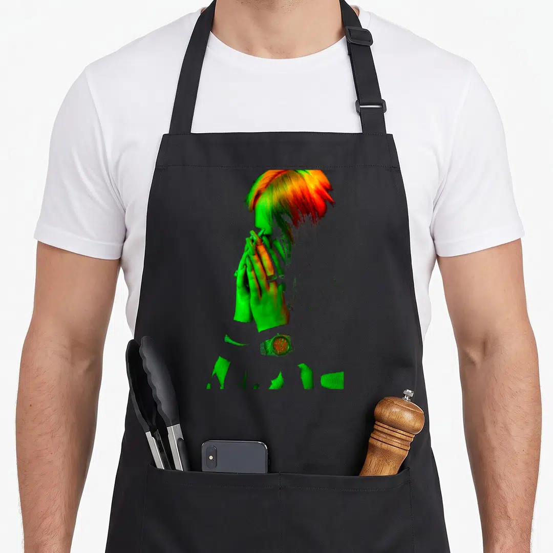 Eilish face apron - Fragmented photo of a person in green orange and red with a watch below hands — shown on a black cotton canvas apron against a white background