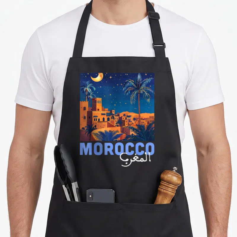 Culture pride apron - Morocco cityscape at night with palm trees and crescent moon above English and Arabic text — shown on a black cotton canvas apron against a white background
