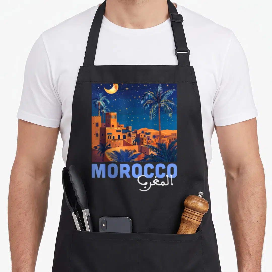 Culture pride apron - Morocco cityscape at night with palm trees and crescent moon above English and Arabic text — shown on a black cotton canvas apron against a white background