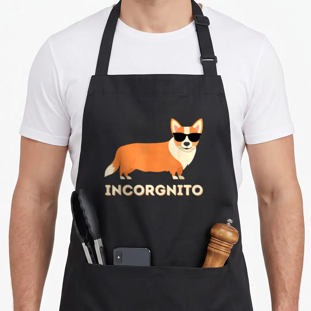 Incorgnito welsh apron - Cartoon corgi wearing black sunglasses above orange and white INCORGNITO text — shown on a black cotton canvas apron against a white background