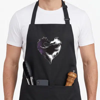 Mal dragon apron - Two mirrored purple and white dragons forming a heart shape on black background — shown on a black cotton canvas apron against a white background