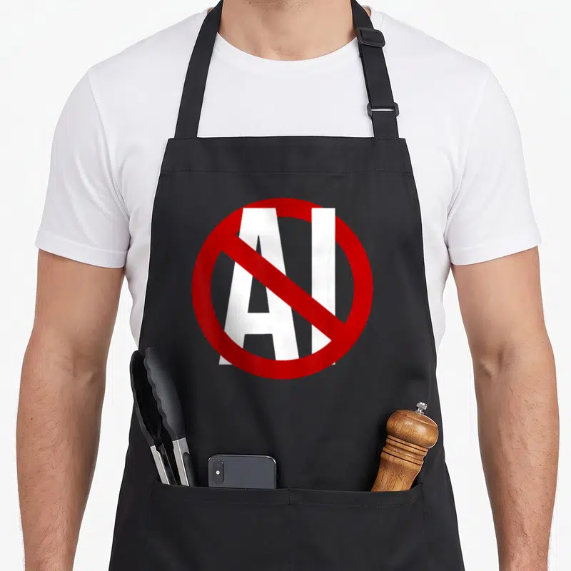 Stop ai apron - Red prohibition circle with diagonal slash over white AI text — shown on a black cotton canvas apron against a white background