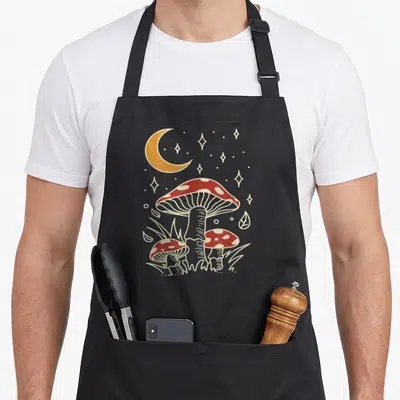 Moon cottagecore apron - Red mushroom with white spots, yellow crescent moon, stars, grass, and leaf in line art — shown on a black cotton canvas apron against a white background