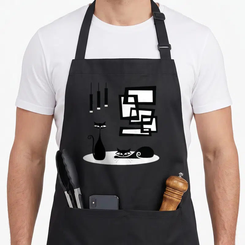 Machine modern apron - Two black cats on white rug with hanging lamps and geometric frames — shown on a black cotton canvas apron against a white background