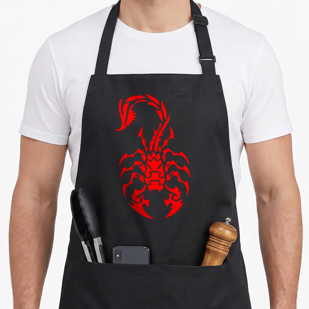 Tribal scorpion apron - Red stylized scorpion line art centered on grey background — shown on a black cotton canvas apron against a white background