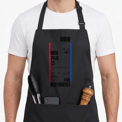 Boarding paris apron - Boarding pass graphic with red and blue stripes, airplane icon, and text reading Paris Is First — shown on a black cotton canvas apron against a white background