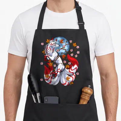 Kitsune cherry apron - White kitsune fox bound by rope, blue moon, pink cherry blossoms, orange maple leaves — shown on a black cotton canvas apron against a white background