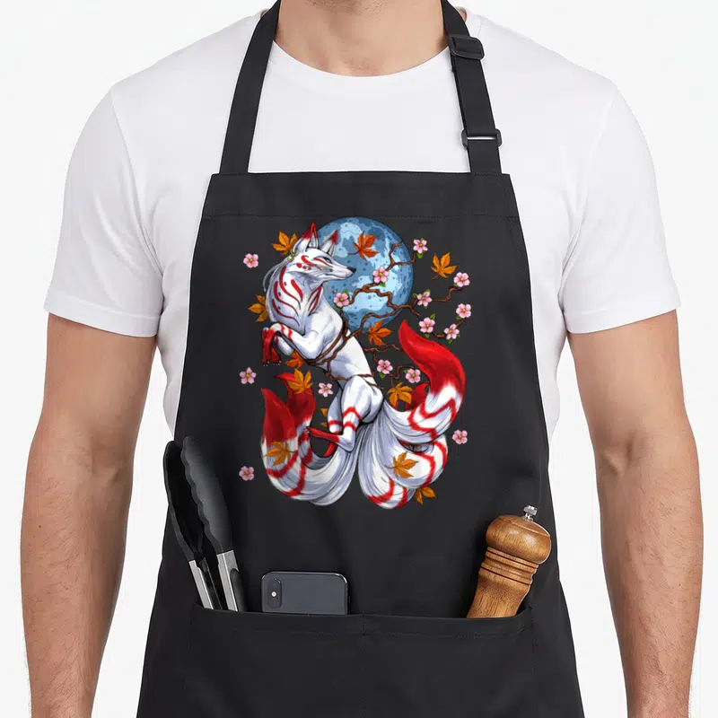 Kitsune cherry apron - White kitsune fox bound by rope, blue moon, pink cherry blossoms, orange maple leaves — shown on a black cotton canvas apron against a white background