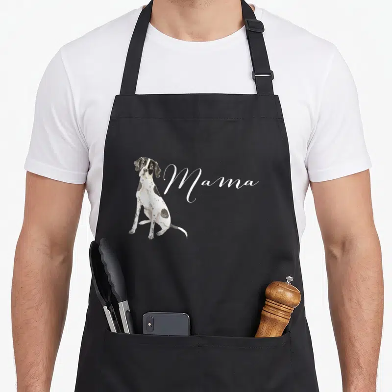 Pointer english aprons - Watercolor dog and Mama text on black bib — shown on a black cotton canvas apron against a white background
