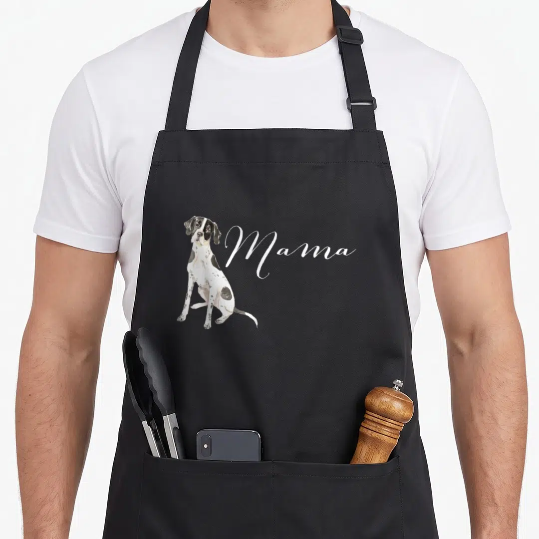 Pointer english aprons - Watercolor dog and Mama text on black bib — shown on a black cotton canvas apron against a white background