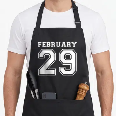 February football birthday apron - White varsity text FEBRUARY above large number 29 on grey background — shown on a black cotton canvas apron against a white background