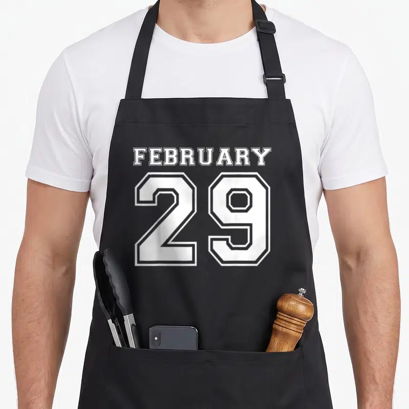 February football birthday apron - White varsity text FEBRUARY above large number 29 on grey background — shown on a black cotton canvas apron against a white background