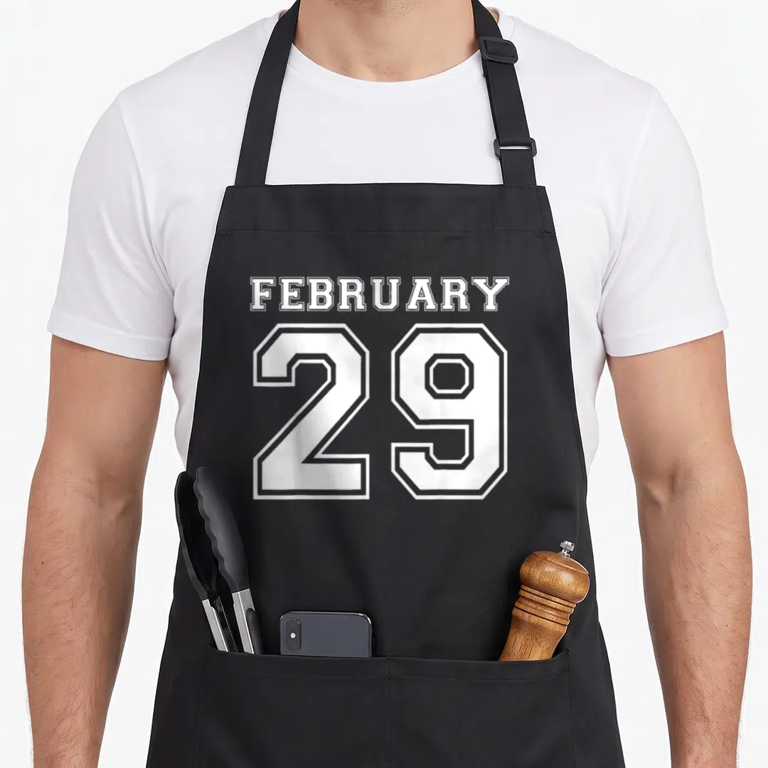 February football birthday apron - White varsity text FEBRUARY above large number 29 on grey background — shown on a black cotton canvas apron against a white background