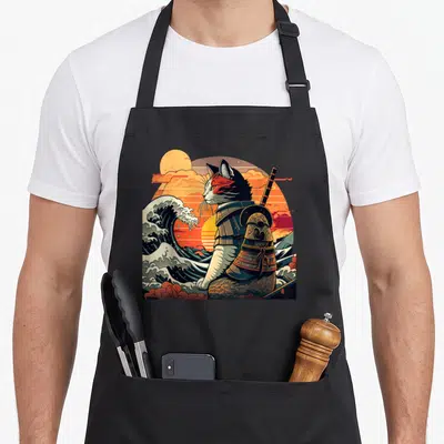 Hokusai cat apron - Cartoon cat in samurai armor beside a wave and sun in orange blue and red — shown on a black cotton canvas apron against a white background